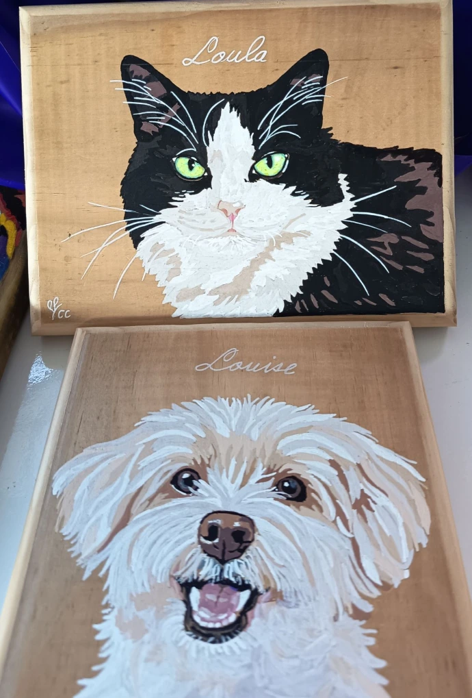 Peinture bichon et chat de Brut de Bois NC